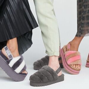 UGG Women’s Super Fluff Slippers Slide Sandals Charcoal Gray